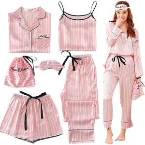 7 Pcs Sets Satin Women Pajamas Silk Nighty Elegant Print Shorts Long Sleeve Striped Sleepwear Silk Suits Sex nighty