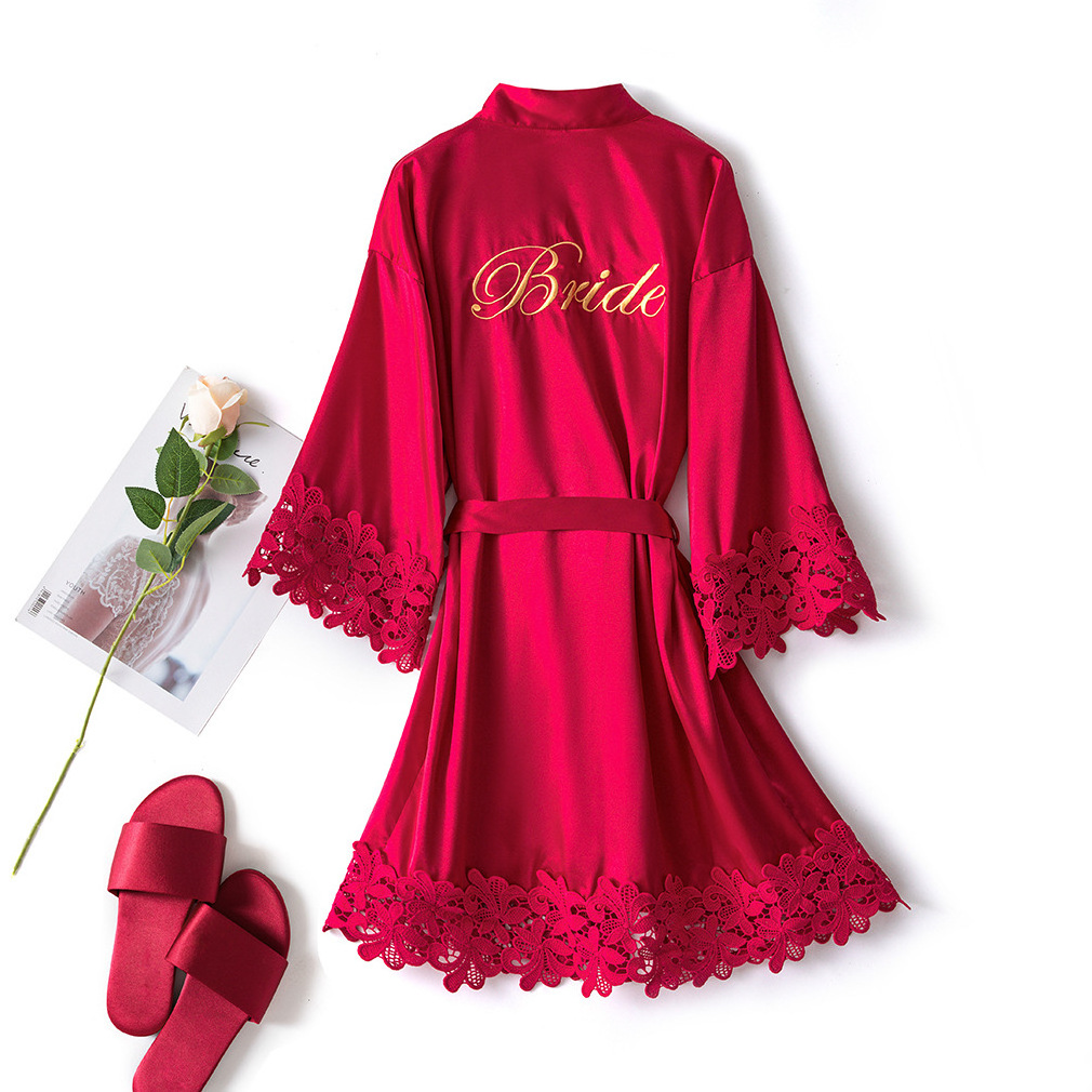 Factory Wholesale Lace Bride Robe Sleepwear Embroidery Robe Kimono Women Silk Casual Home Night Dress Bridesmaid Robes