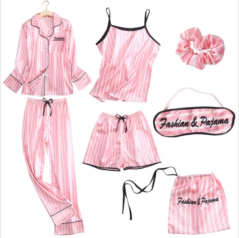 7 Pcs Sets Satin Women Pajamas Silk Nighty Elegant Print Shorts Long Sleeve Striped Sleepwear Silk Suits Sex nighty