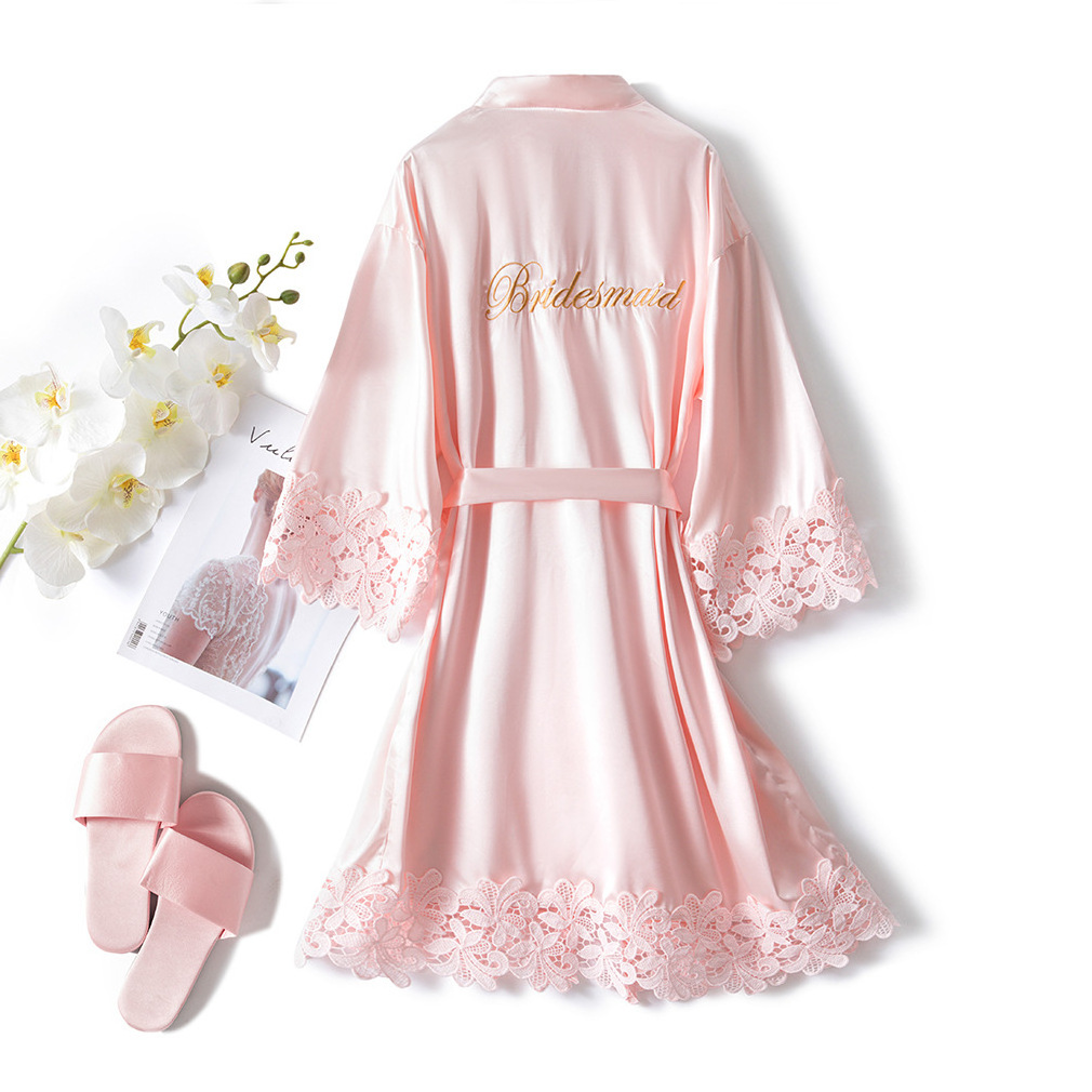 Factory Wholesale Lace Bride Robe Sleepwear Embroidery Robe Kimono Women Silk Casual Home Night Dress Bridesmaid Robes