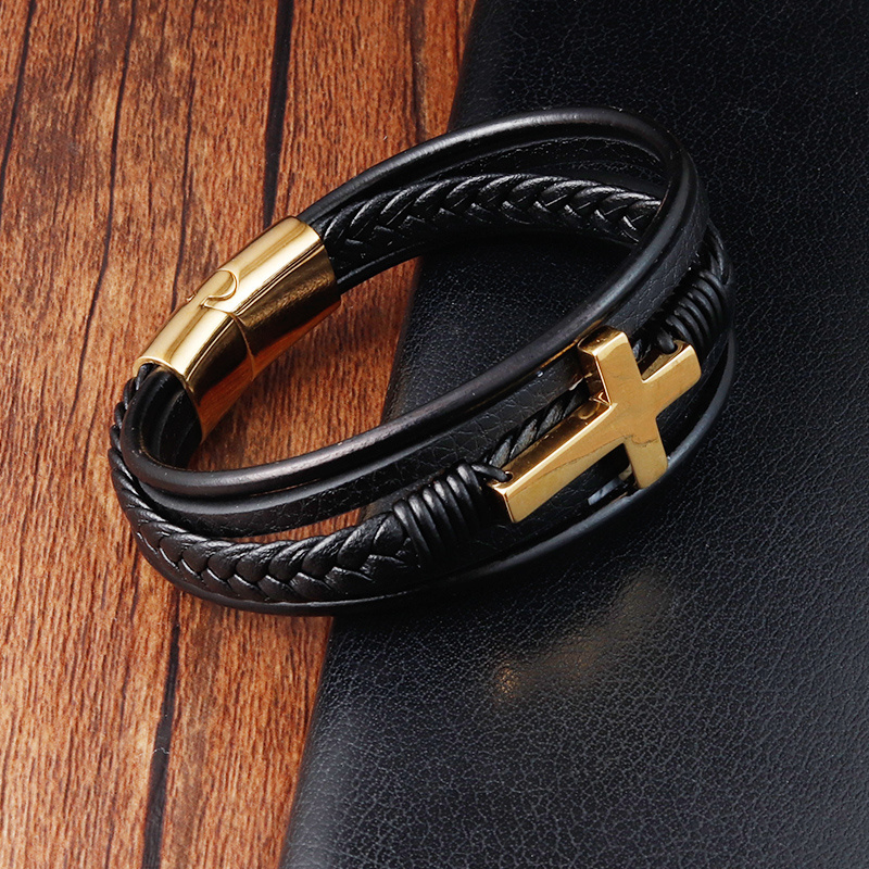 Black Genuine Leather Christian Bracelet Hotsale Charm Cross Stainless Steel Mens Wrap Bangle Bracelets For Man Gift