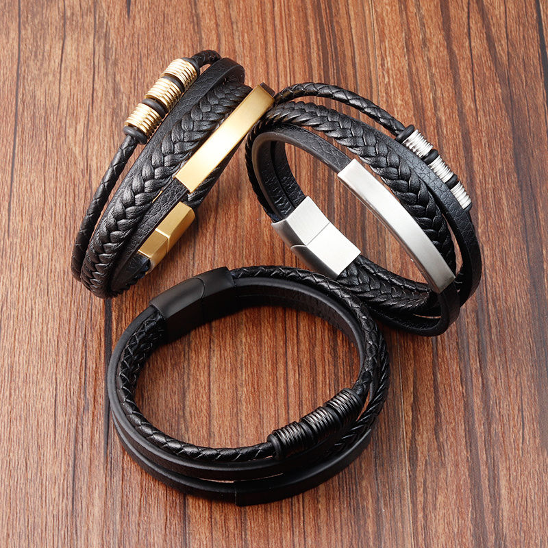 Custom Made Blank Steel Gold PVD Plated New Woven Leather Bangle BFF Men's Real Leather Bracelets With Magnetic Clasp