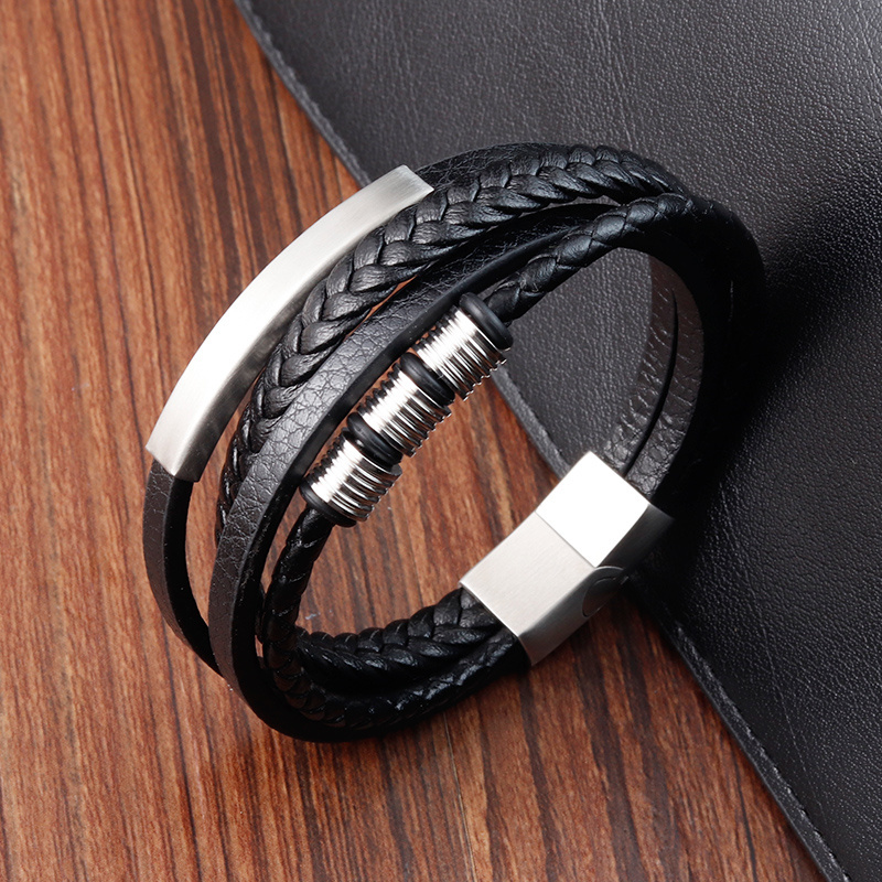 Custom Made Blank Steel Gold PVD Plated New Woven Leather Bangle BFF Men's Real Leather Bracelets With Magnetic Clasp