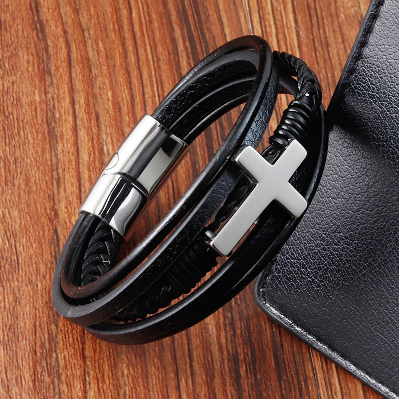 Black Genuine Leather Christian Bracelet Hotsale Charm Cross Stainless Steel Mens Wrap Bangle Bracelets For Man Gift