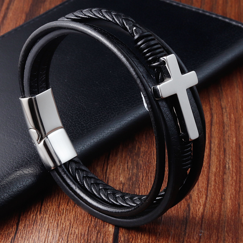 Black Genuine Leather Christian Bracelet Hotsale Charm Cross Stainless Steel Mens Wrap Bangle Bracelets For Man Gift