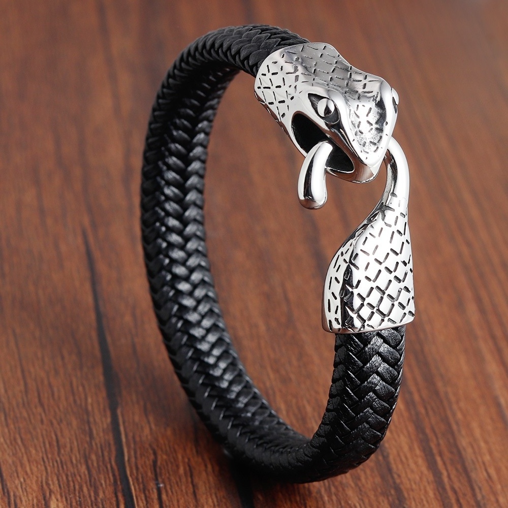 Custom Fashion Braided Leather Jewellery Bangles Stainless Steel Python Snake Charm Cuff Bracelet Mens Genuine Leather Bangles