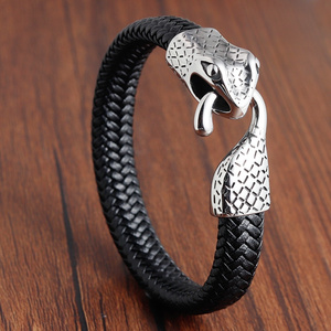 Custom Fashion Braided Leather Jewellery Bangles Stainless Steel Python Snake Charm Cuff Bracelet Mens Genuine Leather Bangles