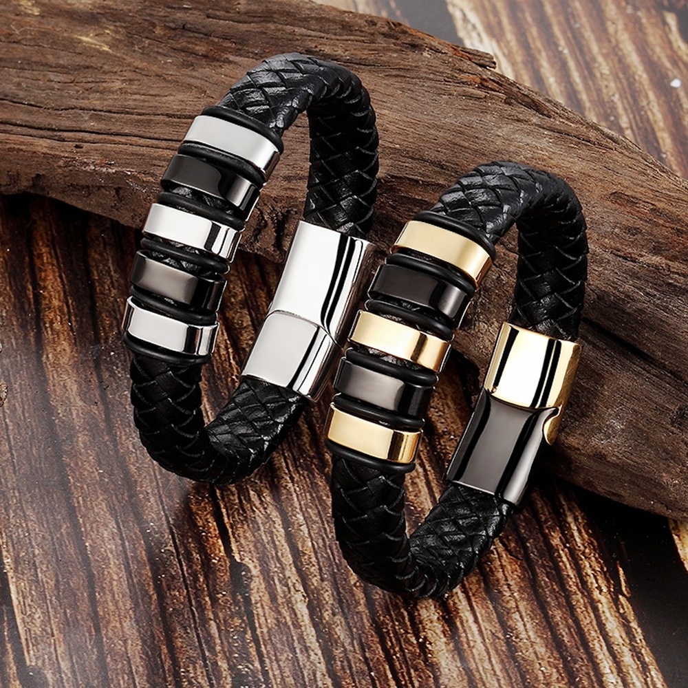 Valentines Gift Plated 2 Tones Steel Handmade Braided Strap Multi Wrap Genuine Leather Bracelet Stainless Steel Magnetic clasp