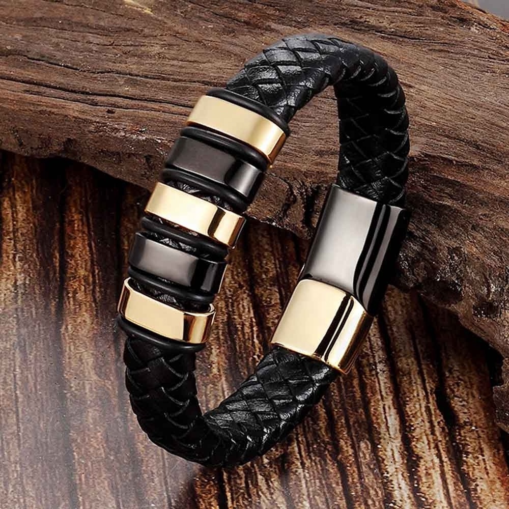 Valentines Gift Plated 2 Tones Steel Handmade Braided Strap Multi Wrap Genuine Leather Bracelet Stainless Steel Magnetic clasp