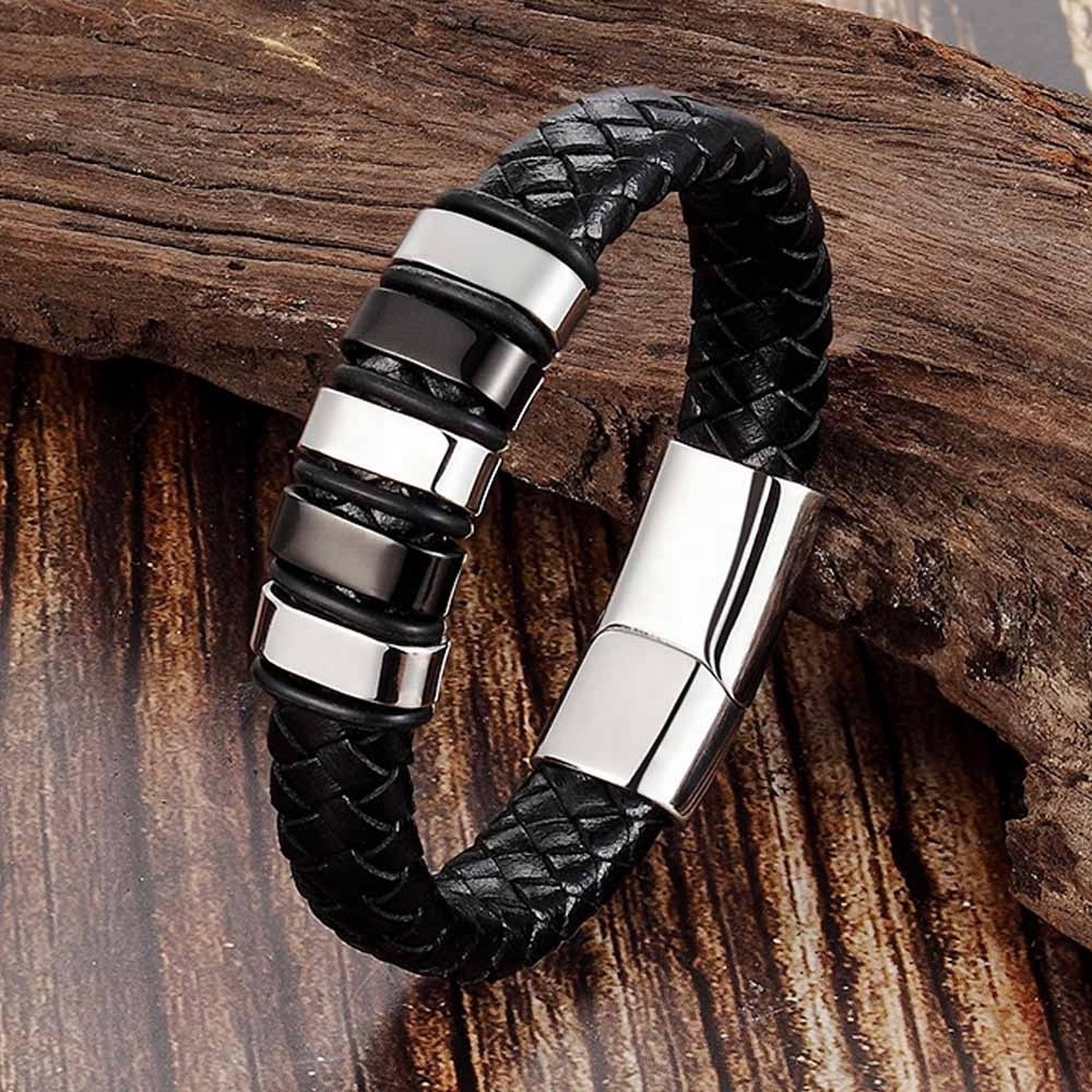 Valentines Gift Plated 2 Tones Steel Handmade Braided Strap Multi Wrap Genuine Leather Bracelet Stainless Steel Magnetic clasp