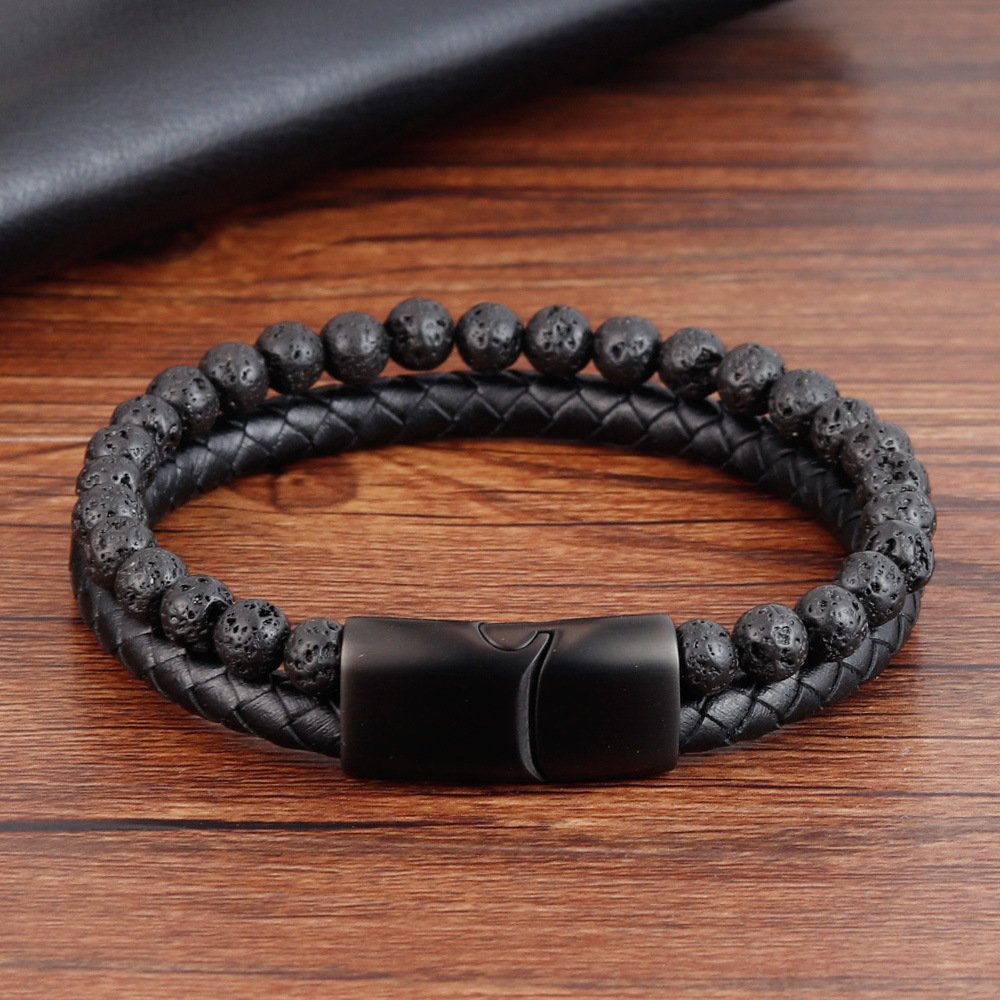 High Quality Punk Lava Men Natural Stone Bead Stainless Steel Magnetic Clasp Black Mens Bracelet Genuine Leather