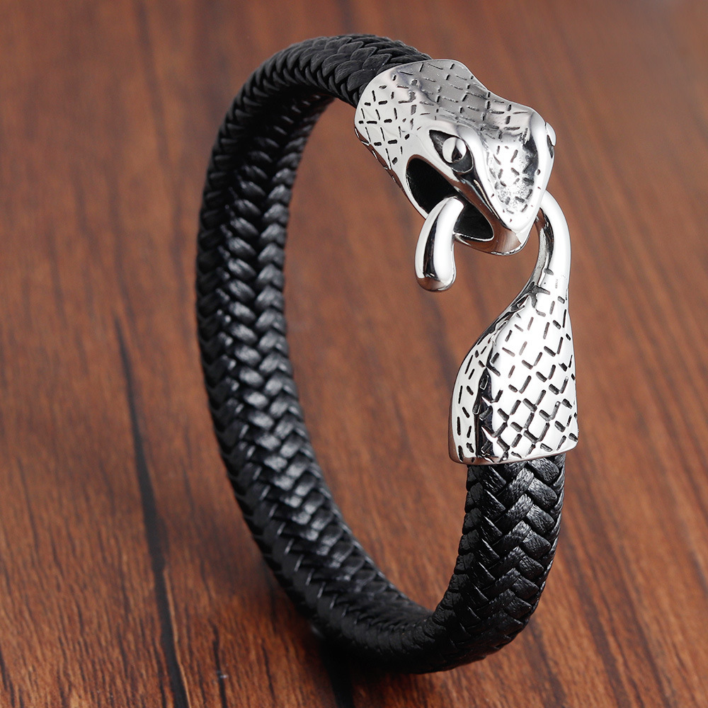 Custom Fashion Braided Leather Jewellery Bangles Stainless Steel Python Snake Charm Cuff Bracelet Mens Genuine Leather Bangles