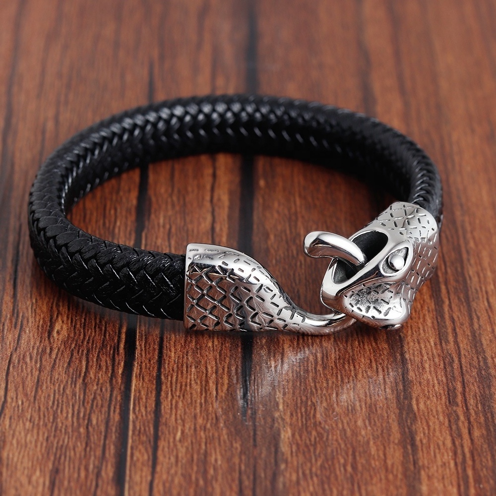 Custom Fashion Braided Leather Jewellery Bangles Stainless Steel Python Snake Charm Cuff Bracelet Mens Genuine Leather Bangles