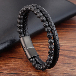 High Quality Punk Lava Men Natural Stone Bead Stainless Steel Magnetic Clasp Black Mens Bracelet Genuine Leather