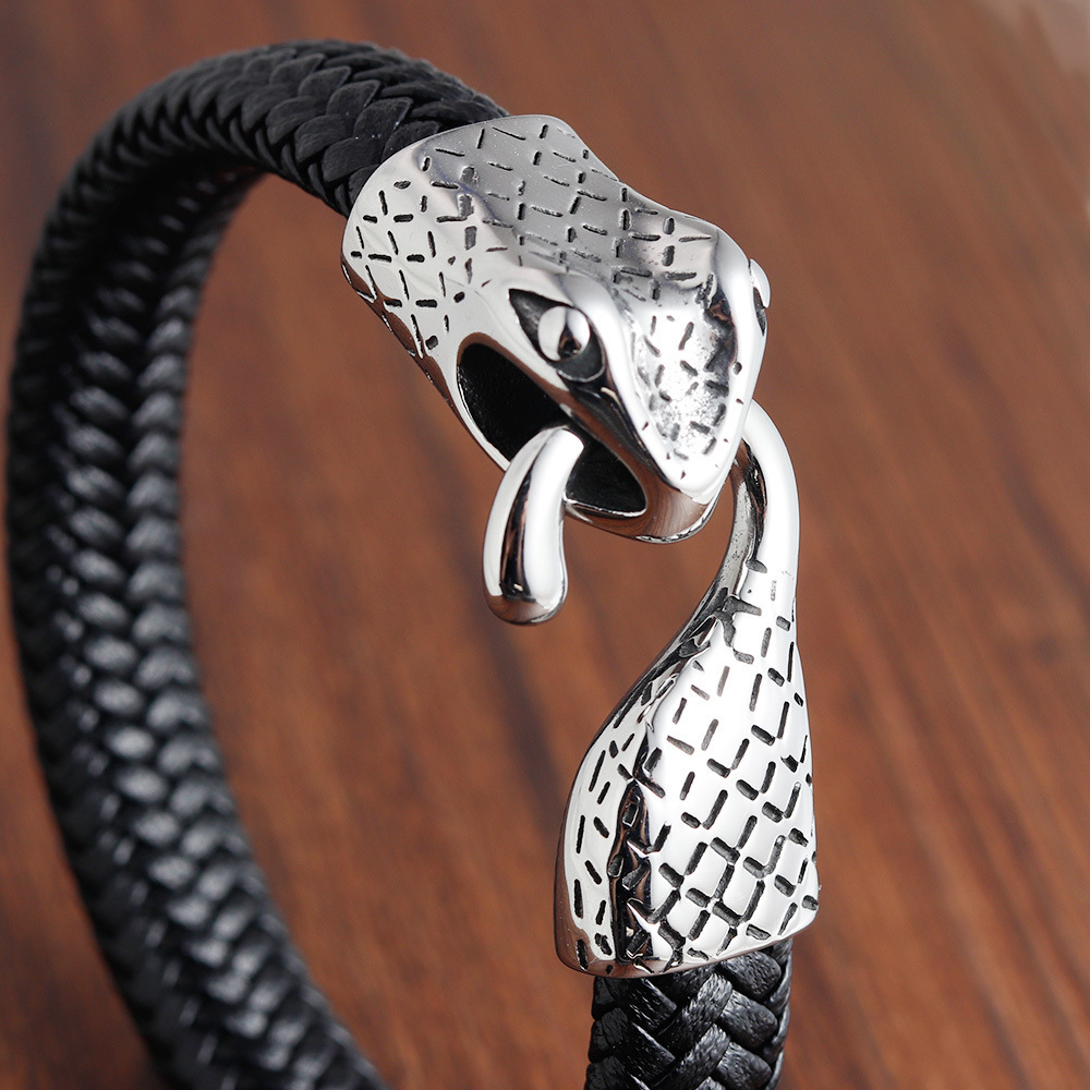 Custom Fashion Braided Leather Jewellery Bangles Stainless Steel Python Snake Charm Cuff Bracelet Mens Genuine Leather Bangles