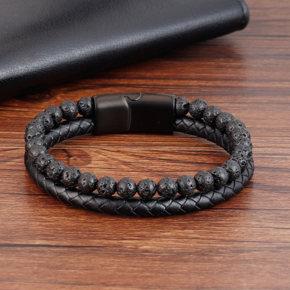 High Quality Punk Lava Men Natural Stone Bead Stainless Steel Magnetic Clasp Black Mens Bracelet Genuine Leather