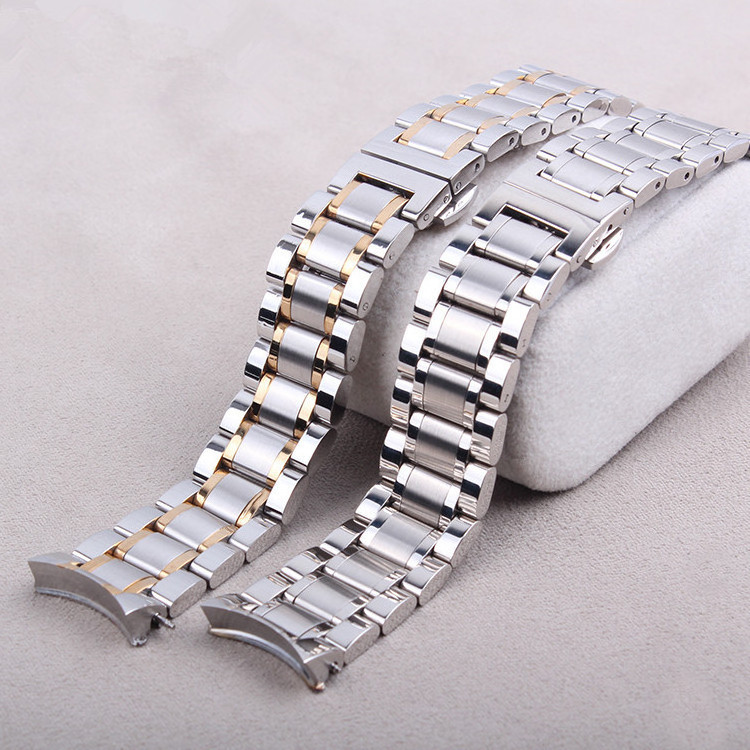 Customized Watch Accessories 19/20/21mm Solid Metal Stainless Steel Watch Strap Butterfly Buckle Curved End Watch Band