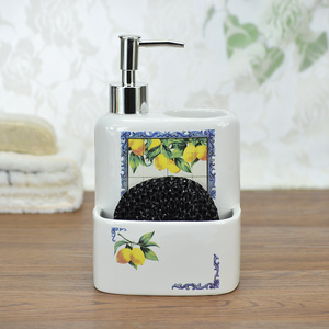 Lemon pattern decal ceramic soap dispenser with sponge holder