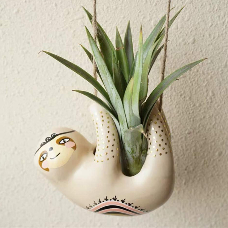 Indoor and Outdoor Decoration Gift Air Plant Vase Holder Cute Sloth Ceramic Succulent Cactus Hanging Planters