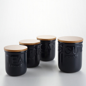 Black ceramic tea coffee sugar biscuit canister set with wooden cover