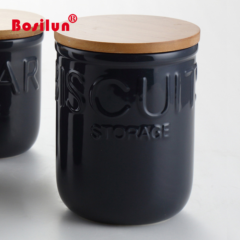 Black ceramic tea coffee sugar biscuit canister set with wooden cover