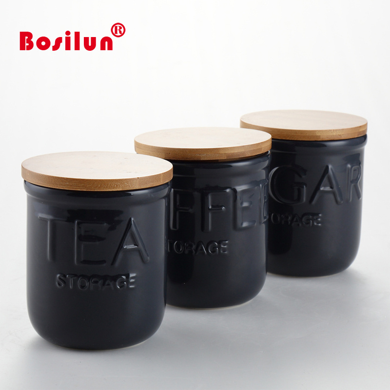 Black ceramic tea coffee sugar biscuit canister set with wooden cover