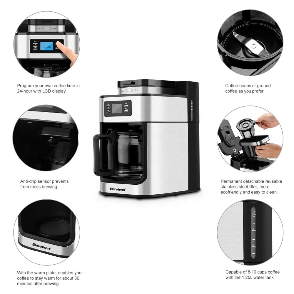 hot sell 1.25L LCD display programmable timer function automatic bean grinder coffee maker