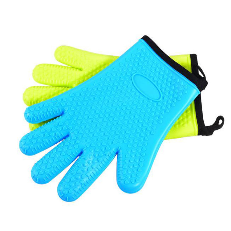 Silicone BBQ gloves with fingers heat insulation rubber glove with cotton material inside,Silicone cotton rubber glove