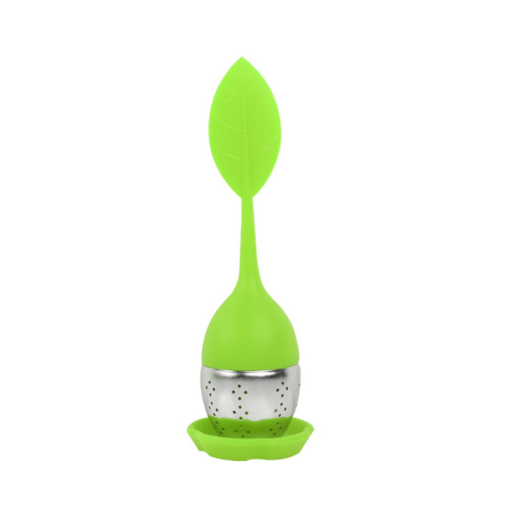 Food grade silicone tea infuser with 304 stainless steel leaf shape,Custom colors tea infuser tea diffuser with drip tray