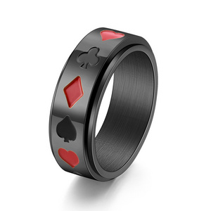 Fashion titanium steel playing cards can rotate ring men's personality black red plum square transfer ring