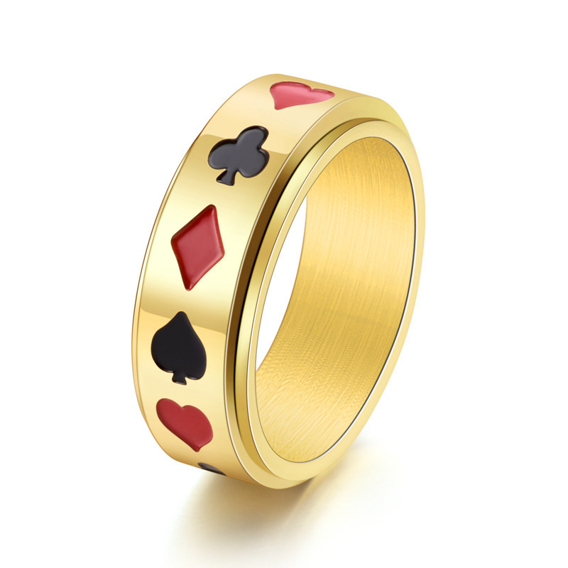 Fashion titanium steel playing cards can rotate ring men's personality black red plum square transfer ring