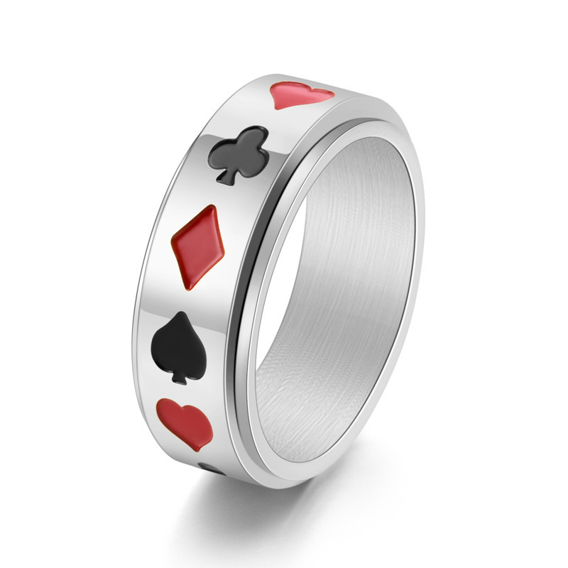 Fashion titanium steel playing cards can rotate ring men's personality black red plum square transfer ring