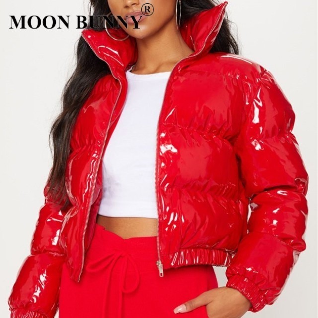 Women Shiny Wet Look Vinyl Thick Puffer Padded Quilted Cropped Short Jacket Coat