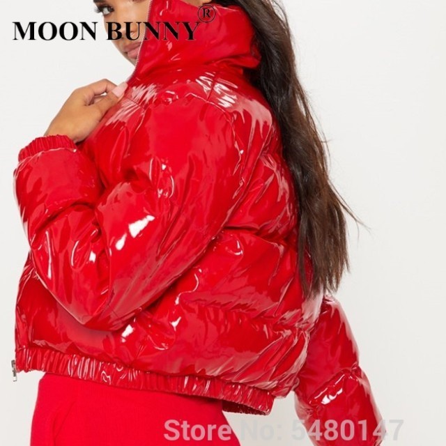 Women Shiny Wet Look Vinyl Thick Puffer Padded Quilted Cropped Short Jacket Coat