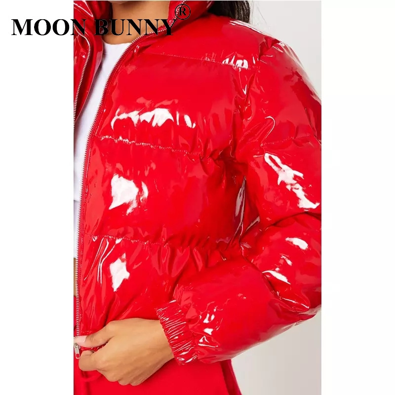 Women Shiny Wet Look Vinyl Thick Puffer Padded Quilted Cropped Short Jacket Coat