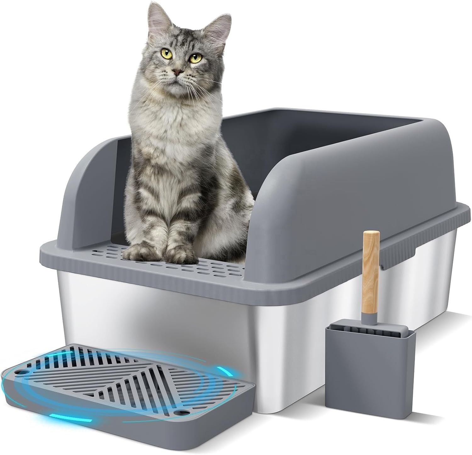 Enclosed Stainless Steel Cat Litter Box with Lid Extra Large Litter Box for Big Cats XL Metal Litter Pan Tray