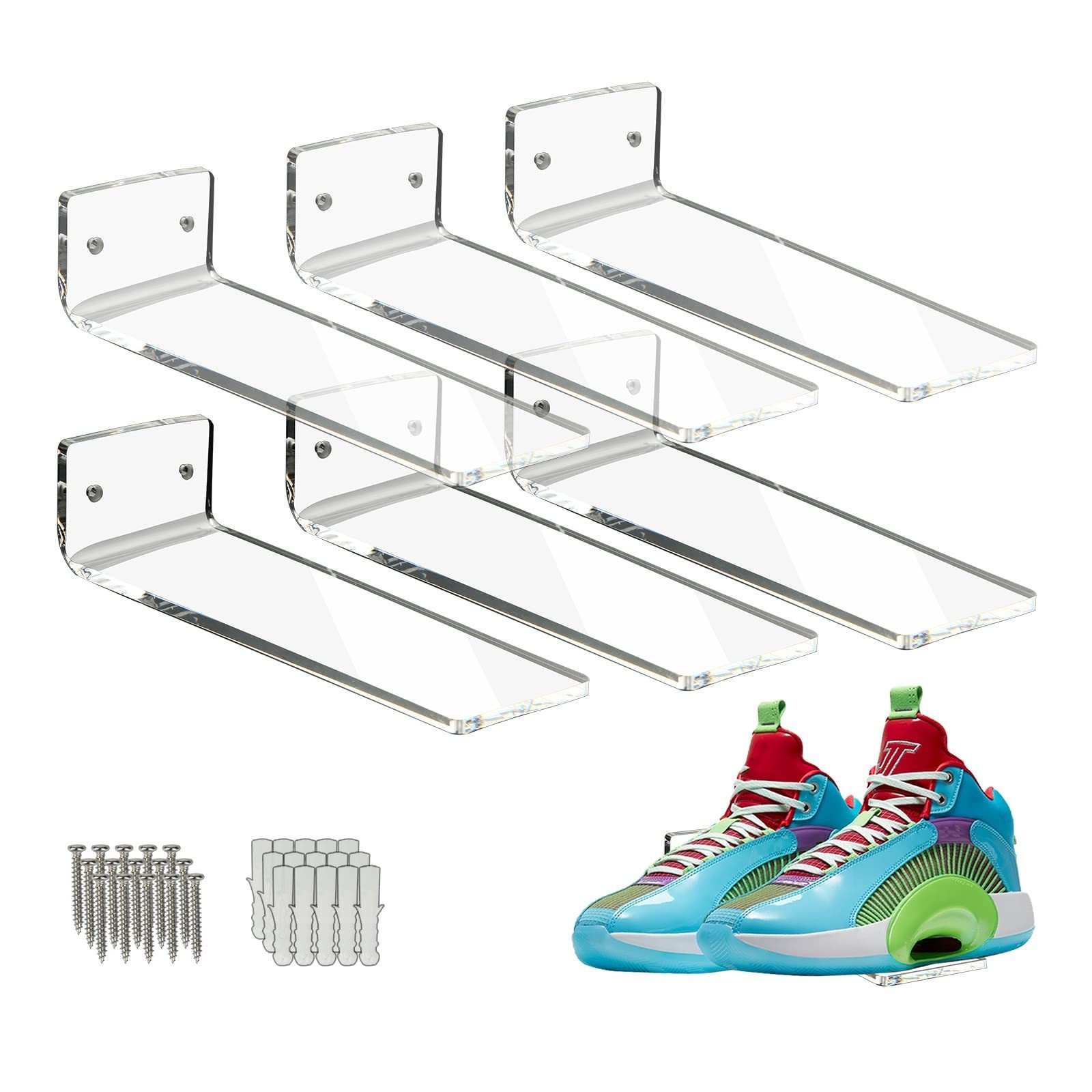 6 Pack Acrylic Floating Shoe Rack Clear Sneaker Display Wall Mounted Levitating Shoe Display Rack