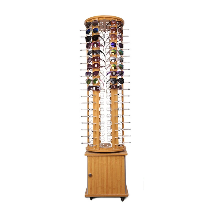 Custom Rotating Bamboo Wood Sunglasses Display Floor Stand Holder Multi-Style Optical Glasses Eyewear Display Rack