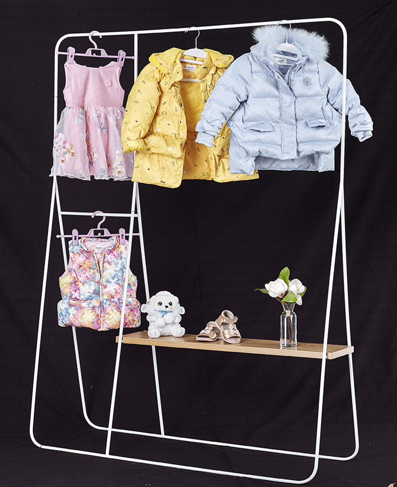 Newly Design Store White Floor Metal Wooden Children's Clothing Display Rack