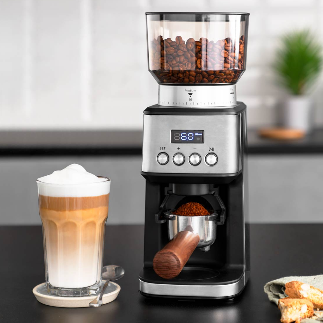 Electric Stainless Steel Conical Burr with Touch Screen Commercial Espresso Motor Coffee Bean mill Grinder with Powder Hopper