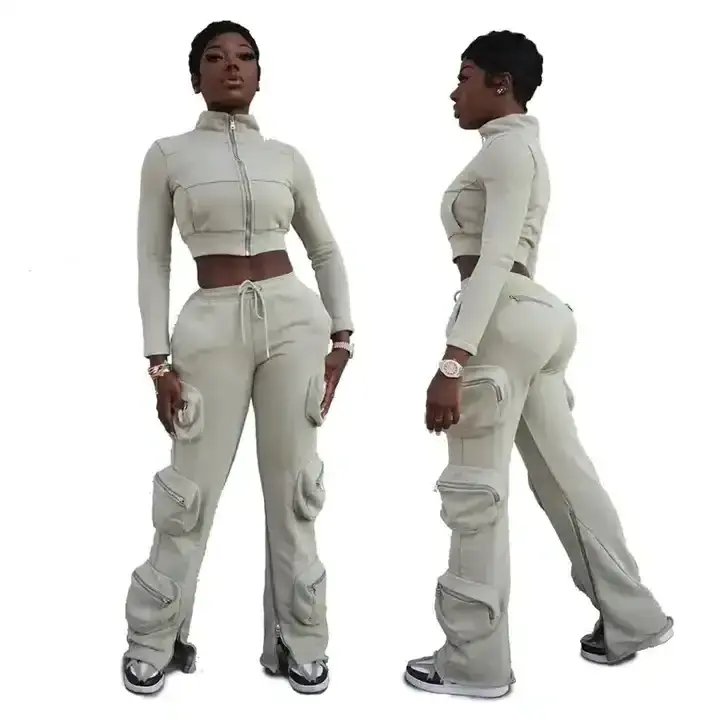 2023 Sweatsuit 2 Piece Sets Flare Zipper Bottom Women Crop Zip Up Hoodie Women Cargo Pants With Side Pockets Cargo Sweatpants