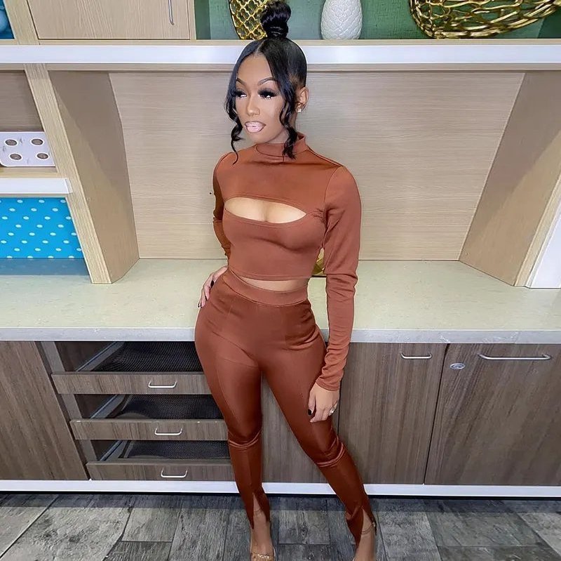 Cut out long sleeve tops & high waist pant 2 piece outfit two piece pants set fall 2023 women clothes