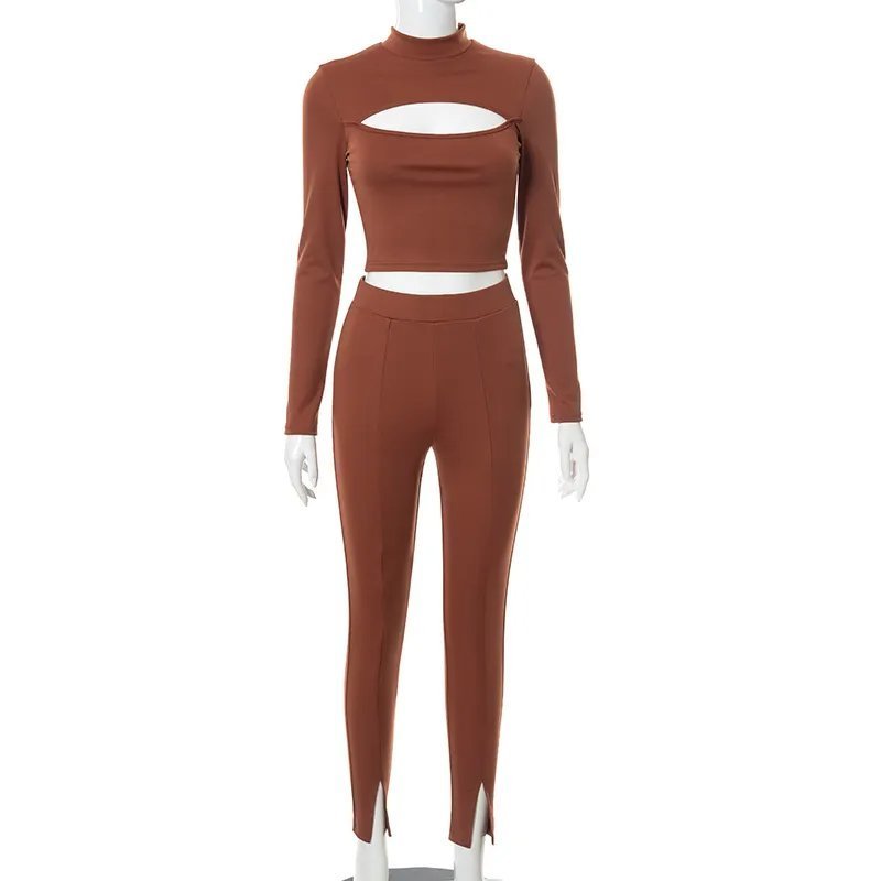 Cut out long sleeve tops & high waist pant 2 piece outfit two piece pants set fall 2023 women clothes