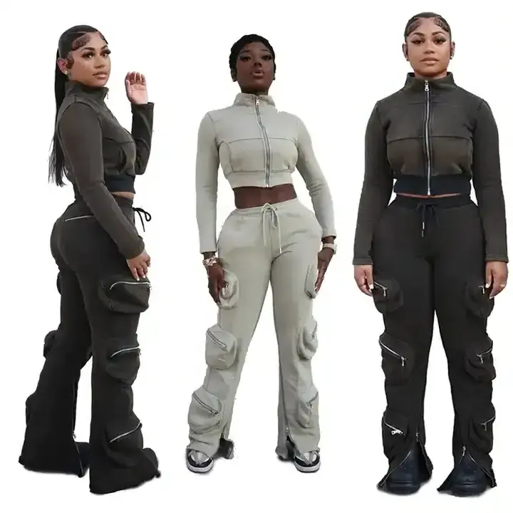 2023 Sweatsuit 2 Piece Sets Flare Zipper Bottom Women Crop Zip Up Hoodie Women Cargo Pants With Side Pockets Cargo Sweatpants