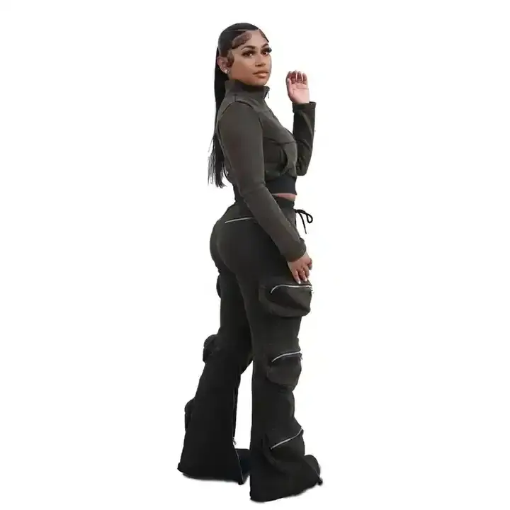 2023 Sweatsuit 2 Piece Sets Flare Zipper Bottom Women Crop Zip Up Hoodie Women Cargo Pants With Side Pockets Cargo Sweatpants