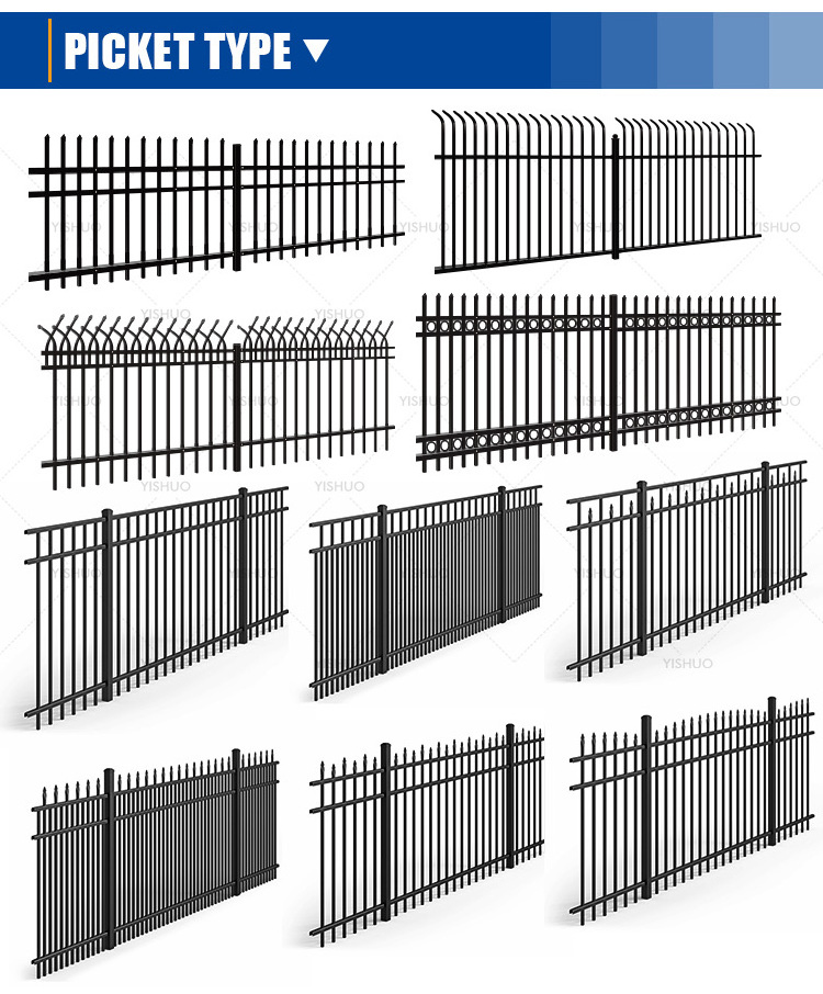 High quality steel residential security metal portable pickets wrought iron site fencing/Spear Steel Picket Fence for sale