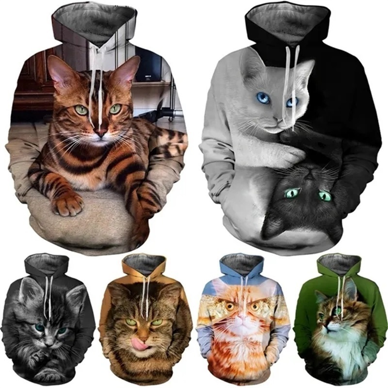 Cute Cat Pattern 3D Printing Hoodies For Men Women Hipster Funny Cats Pullover Sweatshirts Hoodies Casual Streetwear Tops