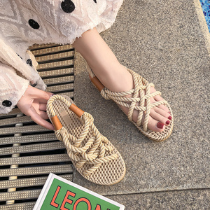 2024 Summer new Korean style sandals Women's Flat hemp rope Cross women's lace up shoes open toe casual beach sandals