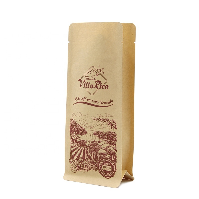 Compostable Biodegradable Aluminum Foil Plastic Bags Coffee Food Package Stand Up Square Bottom Brown Kraft Paper Bag