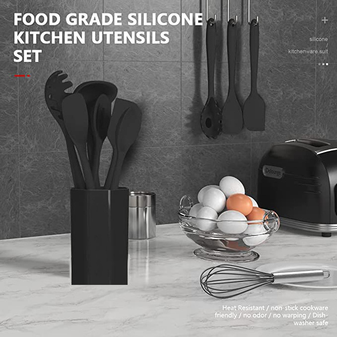 Best Silicone Kitchen Black Accesorios Para Cocina Utensils Set Kitchen Tool Set With Barrel For Cooking